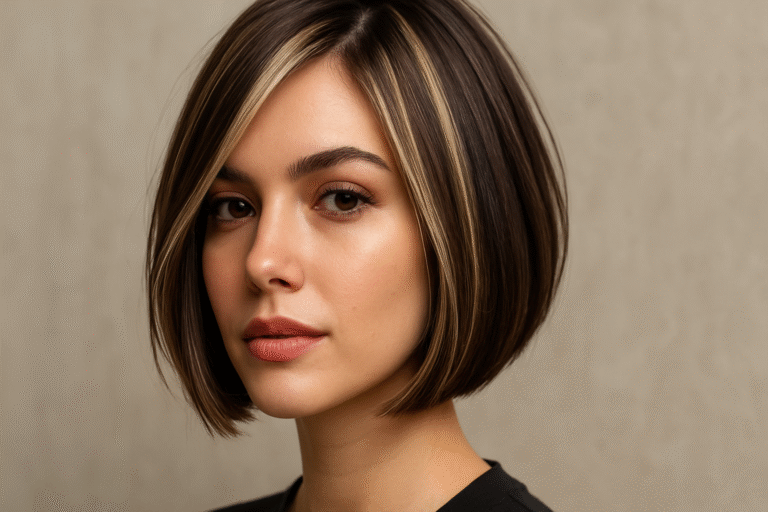 dark brown bob with blonde highlights